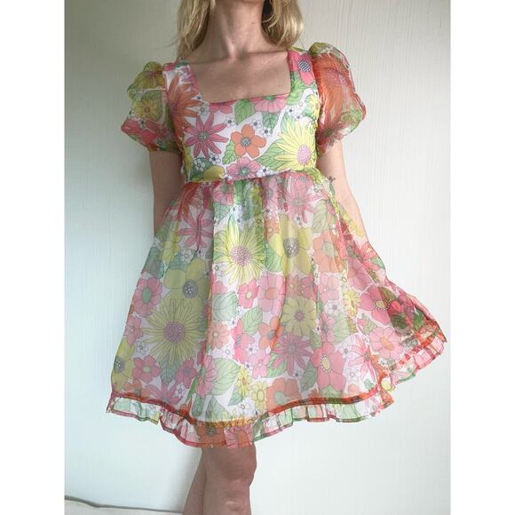 NISSA NEW YORK Sheer Floral Puff Sleeve Babydoll Dress US SMALL - Picture 3 of 14